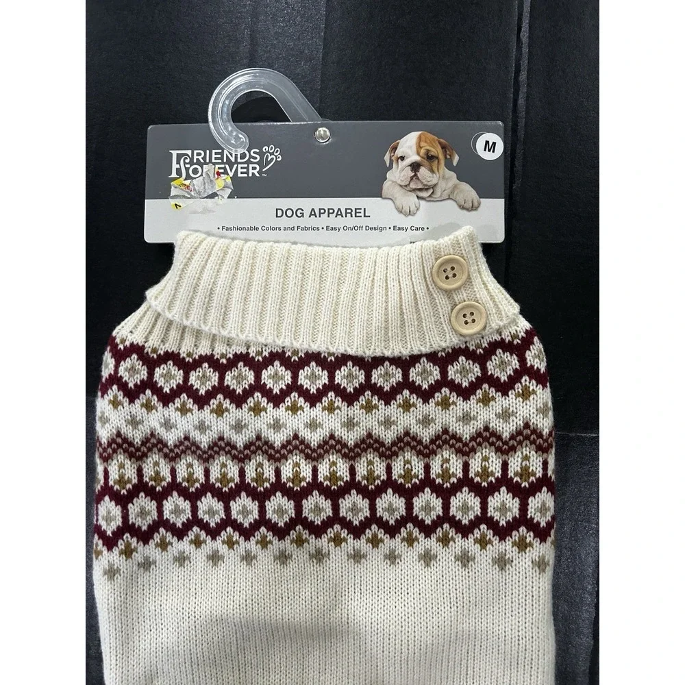 Friends Forever Dog Sweater Cream Burgundy Fair Isle W/ Buttons Size M Holiday